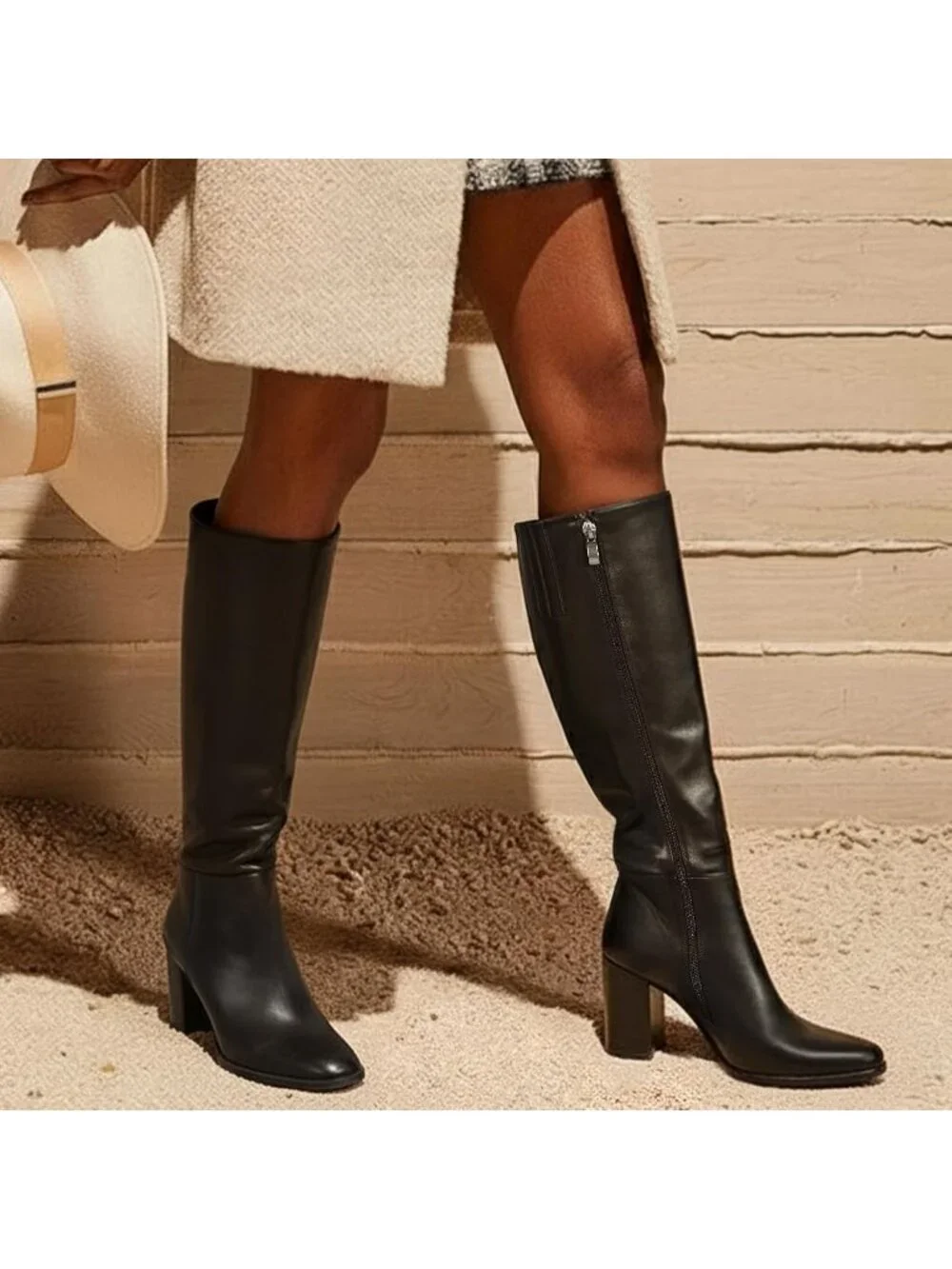 Women's Black Round Toe Side Zip Chunky Heel Fashion Tall Knee High